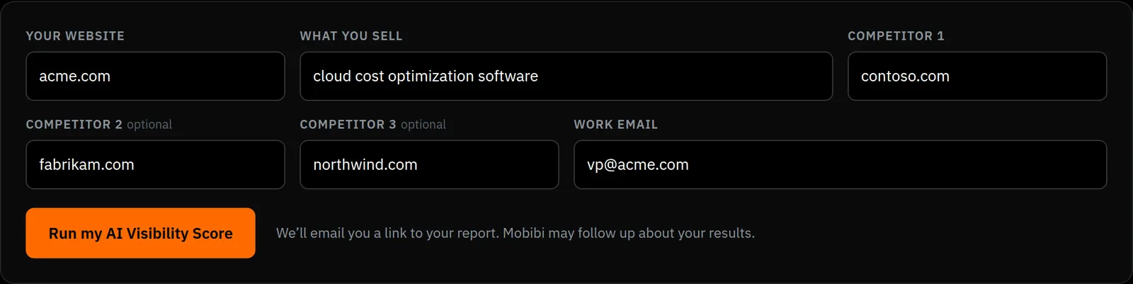 The scan form with fields for your website, what you sell, up to three competitors, and a work email.